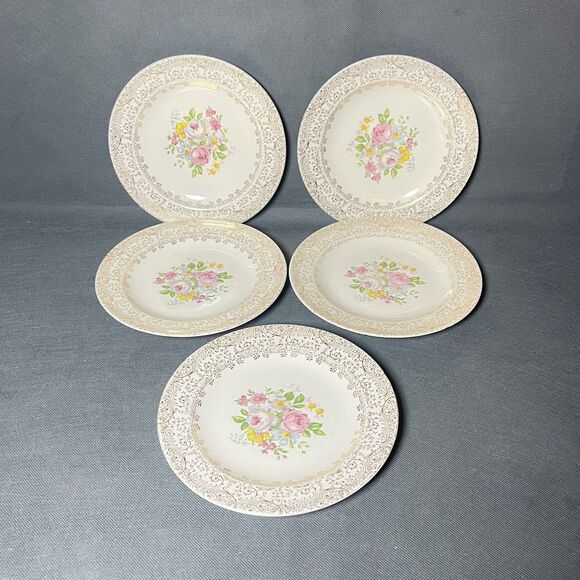 Salad Plates 7" Royal China Rose Glory 24vKt Gold Union Made-Set 5-Vintage 1950s - Picture 1 of 5